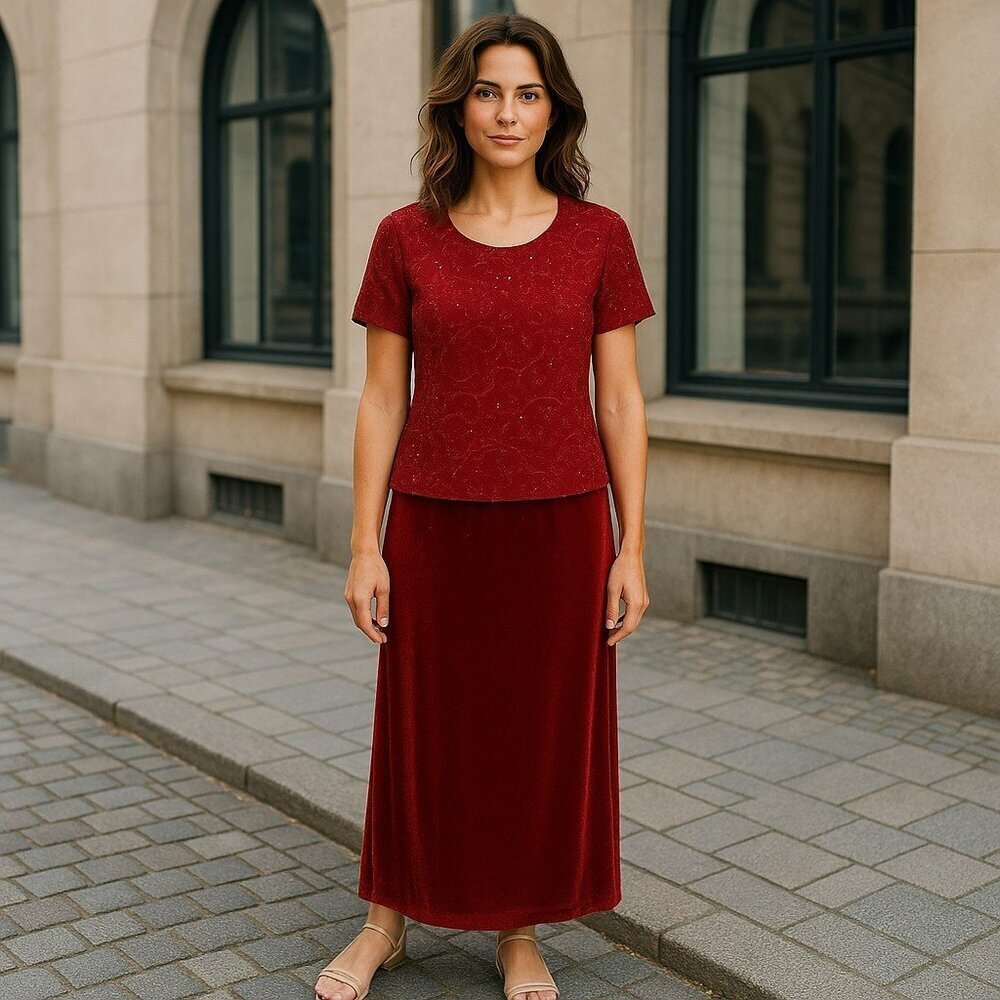 VTG Kathie Lee Large Red Velour Mixed Fabric Short Sleeve Gown Formal Midi Dress